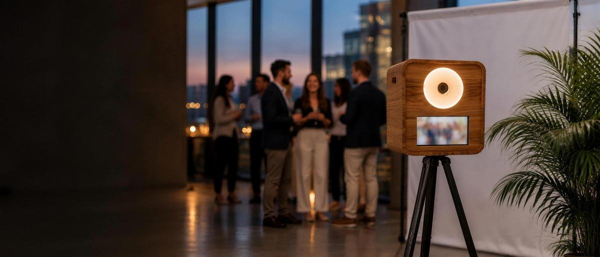 La borne photo en noyer lors d'une soirée d'entreprise, devant un fond photo