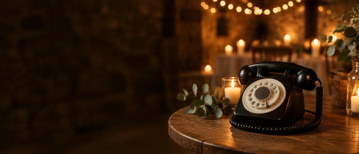 Le téléphone vintage du livre d'or audio sur une table en bois, à la lueur des bougies