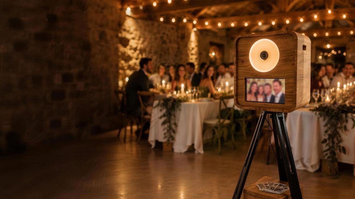 La borne photo en bois de La Boîte à Pola, anneau lumineux allumé, dans une salle de réception en pierre le soir