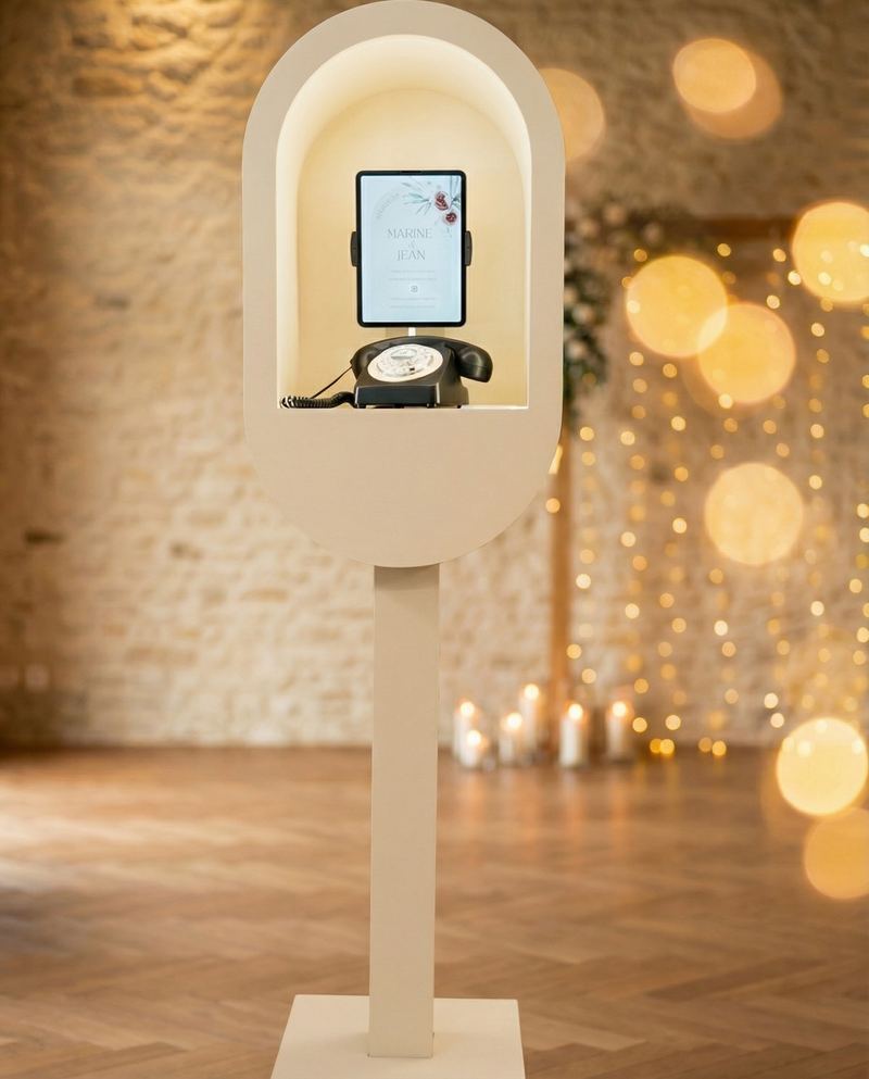 Le vidéobooth, colonne crème en arche avec sa tablette, dans une salle aux guirlandes lumineuses